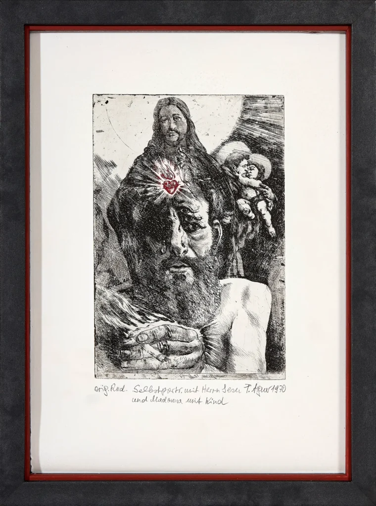 „Selbstporträt mit Herz Jesu und Madonna mit Kind“, 1970 von Fritz Aigner aus der Kunstsammlung Arnoldina im Schmankerlwirt Vorderweißenbach