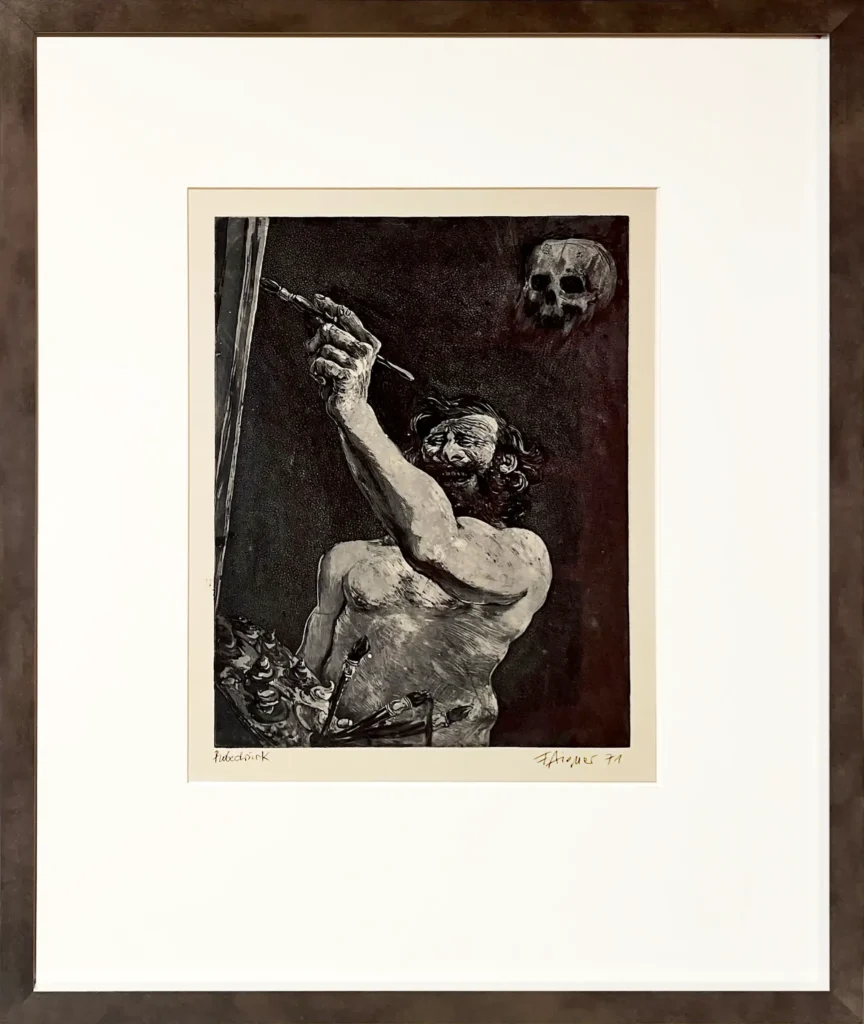 „Selbstportrait mit Totenkopf“, 1971 von Fritz Aigner aus der Kunstsammlung Arnoldina im Schmankerlwirt Vorderweißenbach