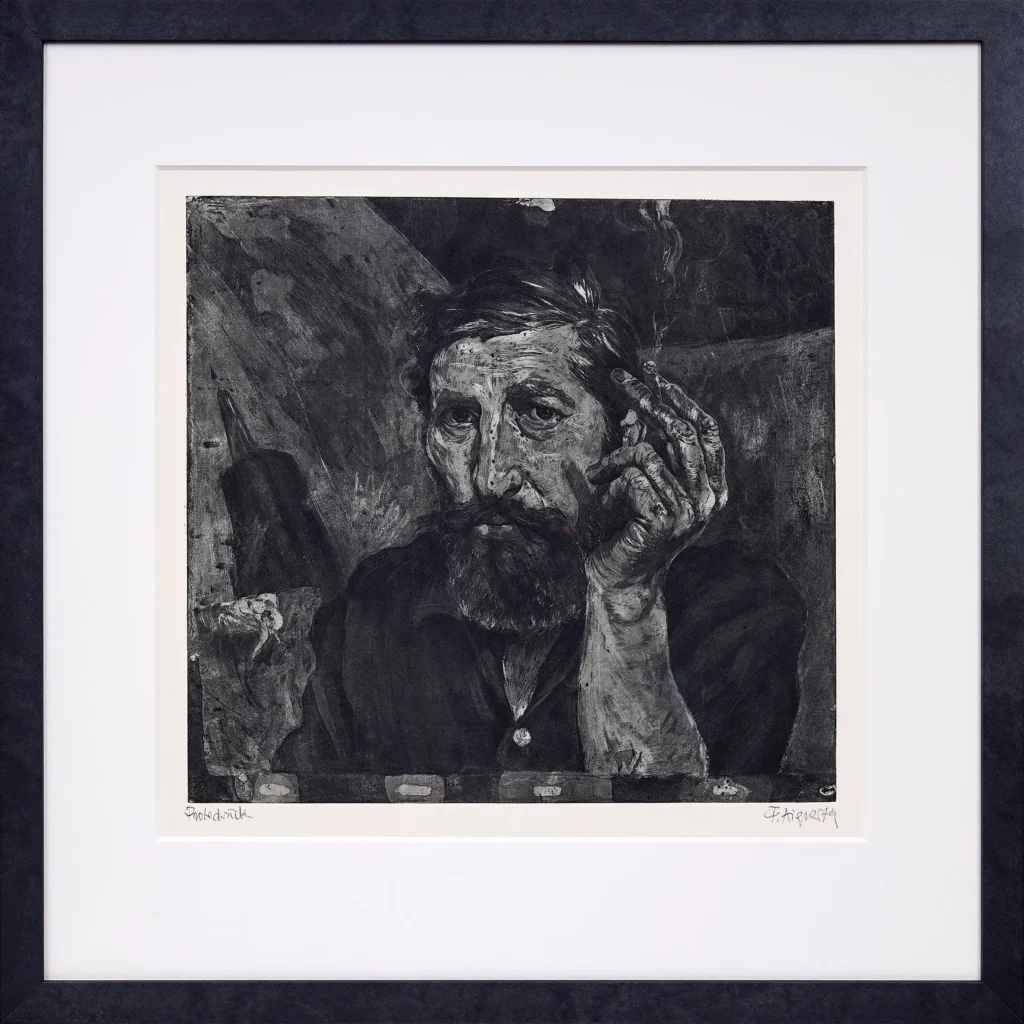 „Selbstporträt mit Zigarette“, 1974 von Fritz Aigner aus der Kunstsammlung Arnoldina im Schmankerlwirt Vorderweißenbach
