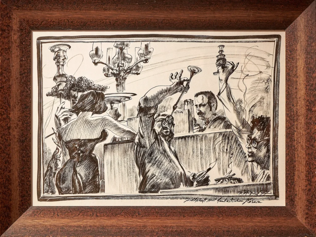 „Gesellschaft mit phantastischen Gläsern“, 1977 von Fritz Aigner aus der Kunstsammlung Arnoldina im Schmankerlwirt Vorderweißenbach