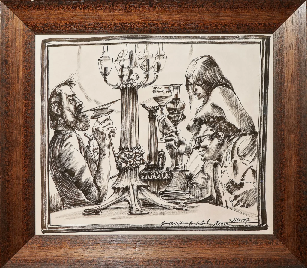 „Gesellschaft mit phantastischen Gläsern“, 1977 von Fritz Aigner aus der Kunstsammlung Arnoldina im Schmankerlwirt Vorderweißenbach