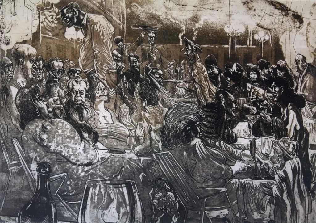 „Im Theatercasino“, 1988 von Fritz Aigner aus der Kunstsammlung Arnoldina im Schmankerlwirt Vorderweißenbach
