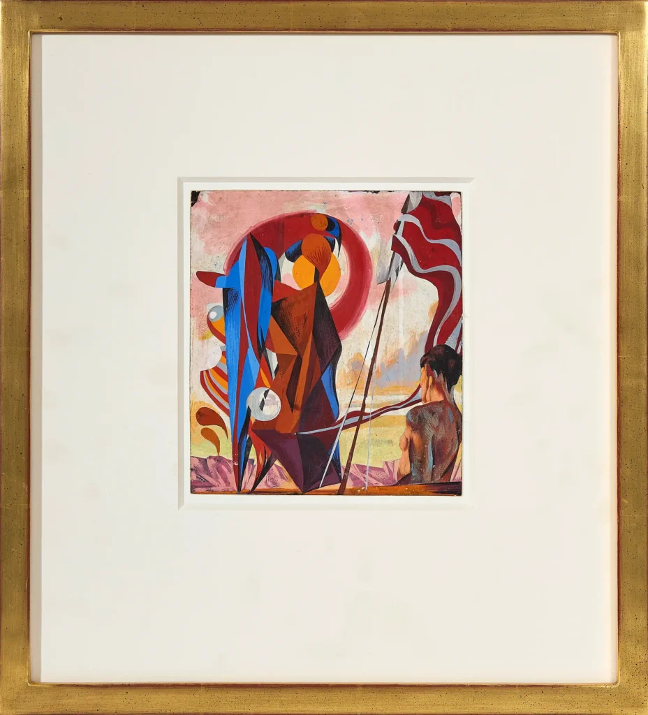 „Mann mit Flagge in Landschaft“, 2023 von Fritz Aigner aus der Kunstsammlung Arnoldina im Schmankerlwirt Vorderweißenbach