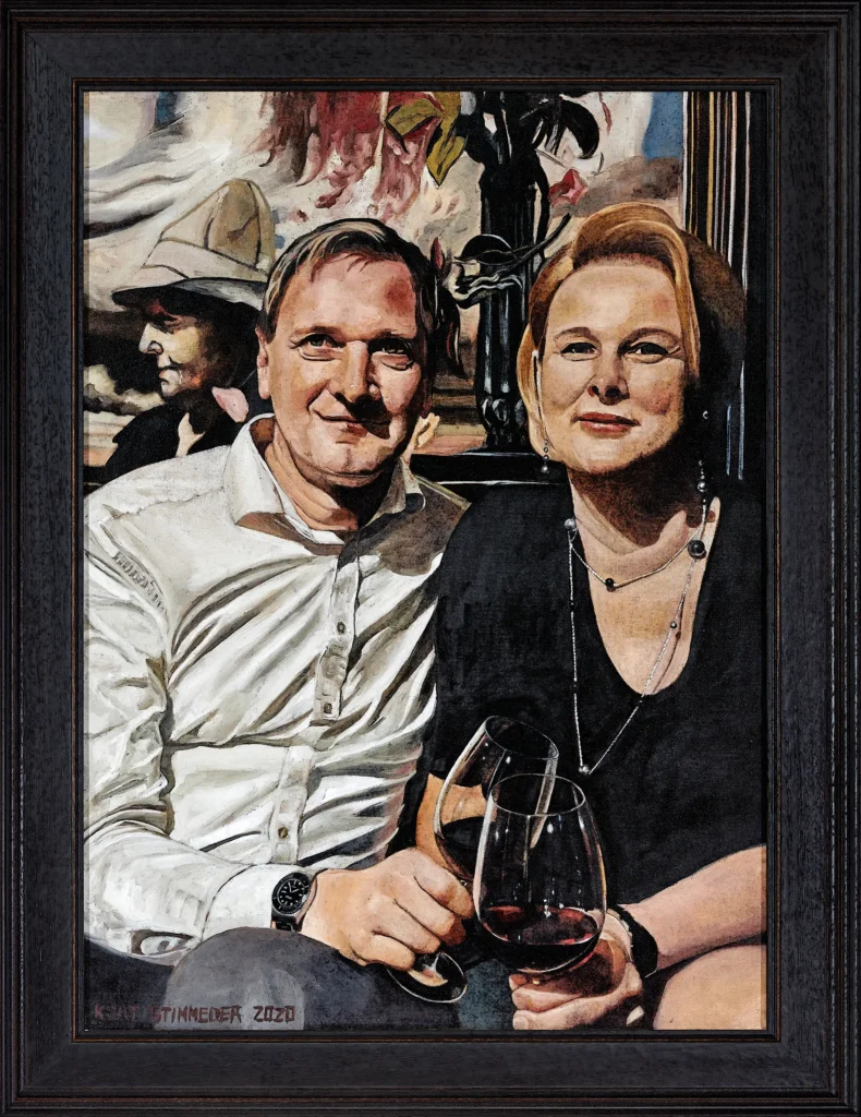 „Arni Inge beim Schmankerlwirt in der Galerie“, 2020 von Kurt Stimmeder aus der Kunstsammlung Arnoldina im Schmankerlwirt Vorderweißenbach